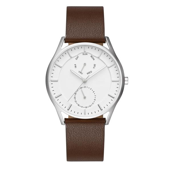 Sanded stainless steel chronograph watch with easy change leather strap