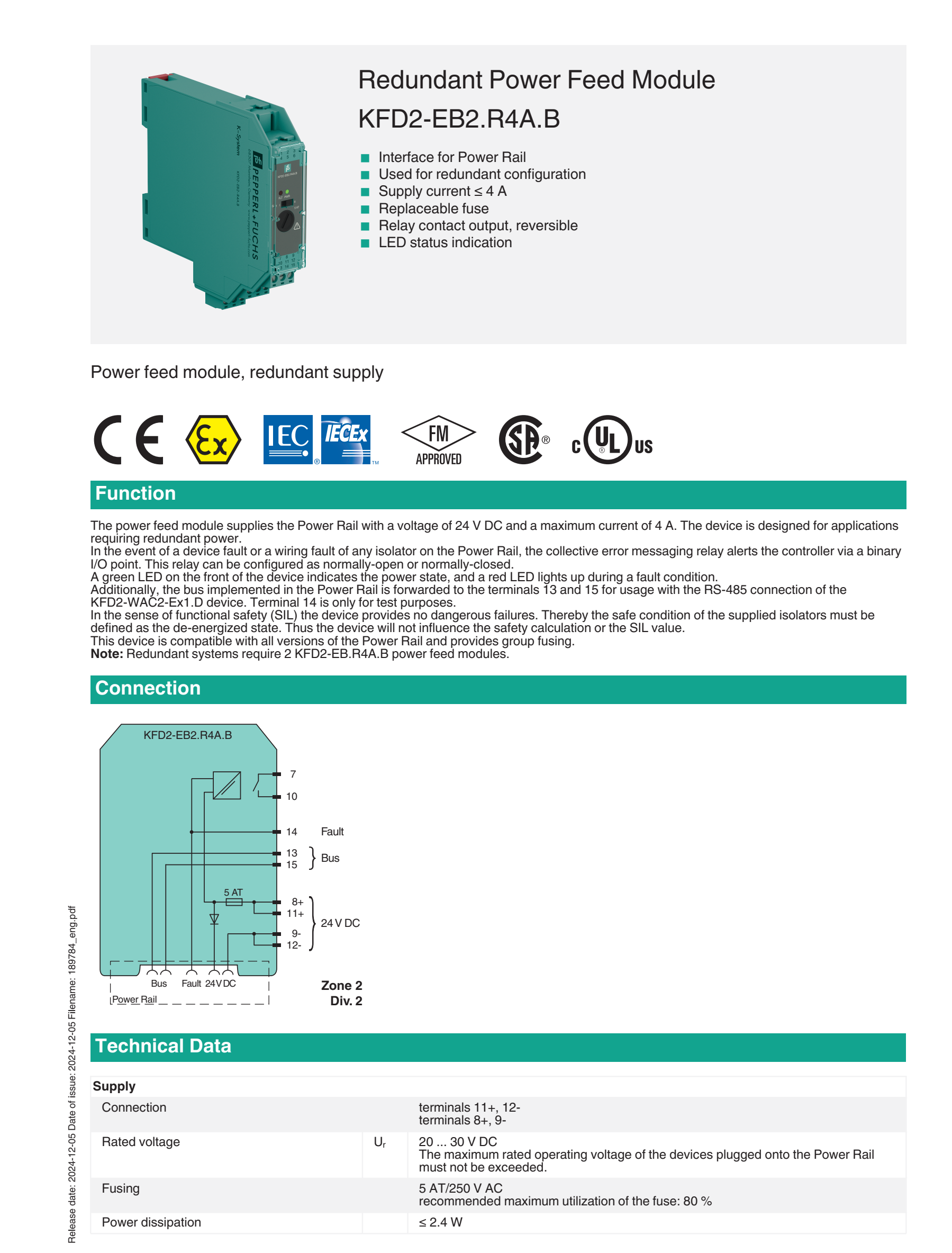 KFD2-EB2.R4A.B PEPPERL+FUCHS Isolator Barrier Zener Barrier Redundant Power Feed Module
