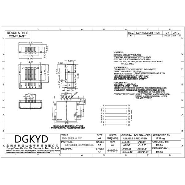 DGKYDCB461188GWW6DB1075 соединитель погружающийся RJ45 ультра тонко взаимодействует материал LCP без фильтра 8P8C