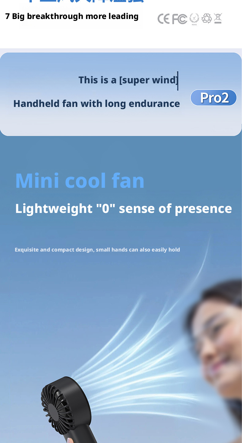 Brushless Motor Lightweight Mini Portable Handheld USB Fan for Outdoor and Indoor Use