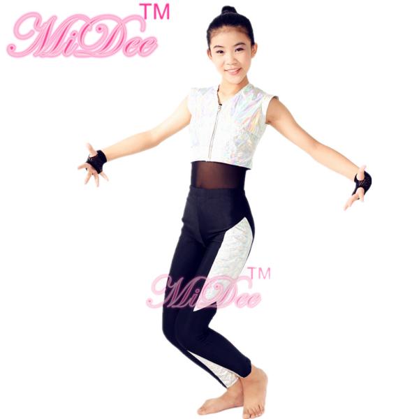 Sporty Hip Hop And Jazz Top Dance Costumes V Neckline Sparkle Zipper Vest Sports Leotard Competition Wear