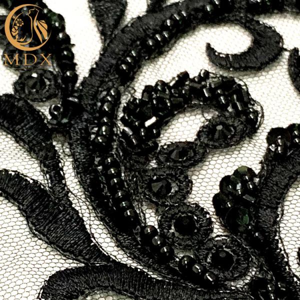 Garment Black Embroidered Handmade Lace Fabric Pearls Decoration