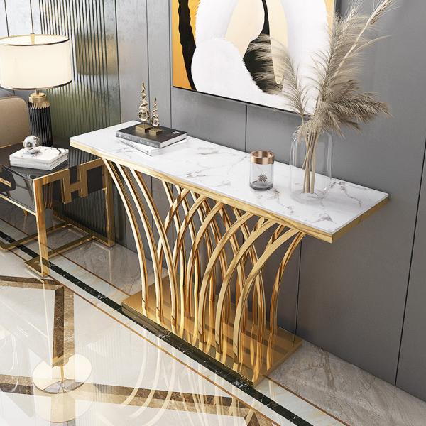 Glossy Stainless Steel Entrance Console Table Marble Top Hallway Table Marble Height 78cm