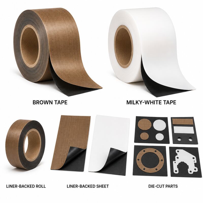 PTFE Tape with Black Release Liner / Liner-Backed PTFE Tape / PTFE Heat Sealer Tape with Silicone Adhesive for Die Cutting, Packaging Machinery, Sealing Plates and Guide Rails