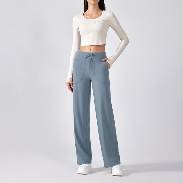 High Waisted Beige Satin Wide Leg Yoga Pants with Pockets Breathable Stretchable