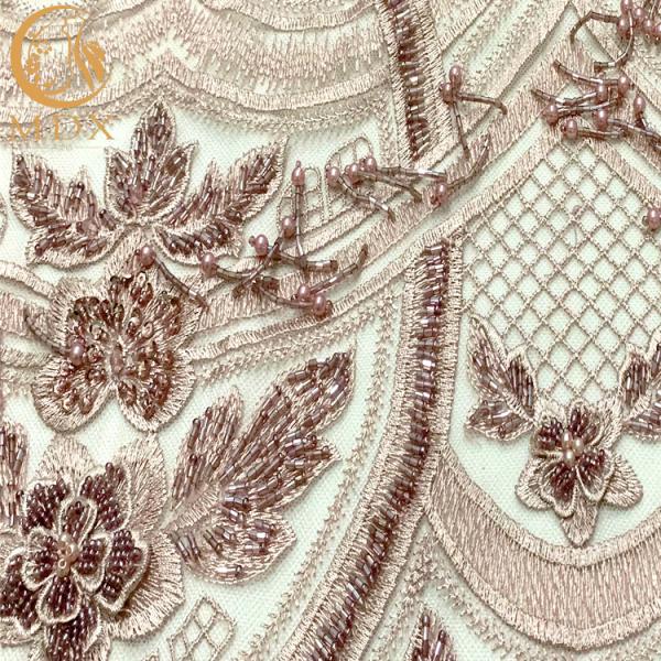 Luxury 3D Beaded Lace Fabric Unique Tulle Embroidery Pink Dress