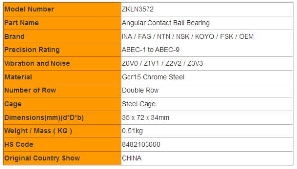 Waterproof Ball Bearings Double Row Angular Contact Bearing ZKLN3572