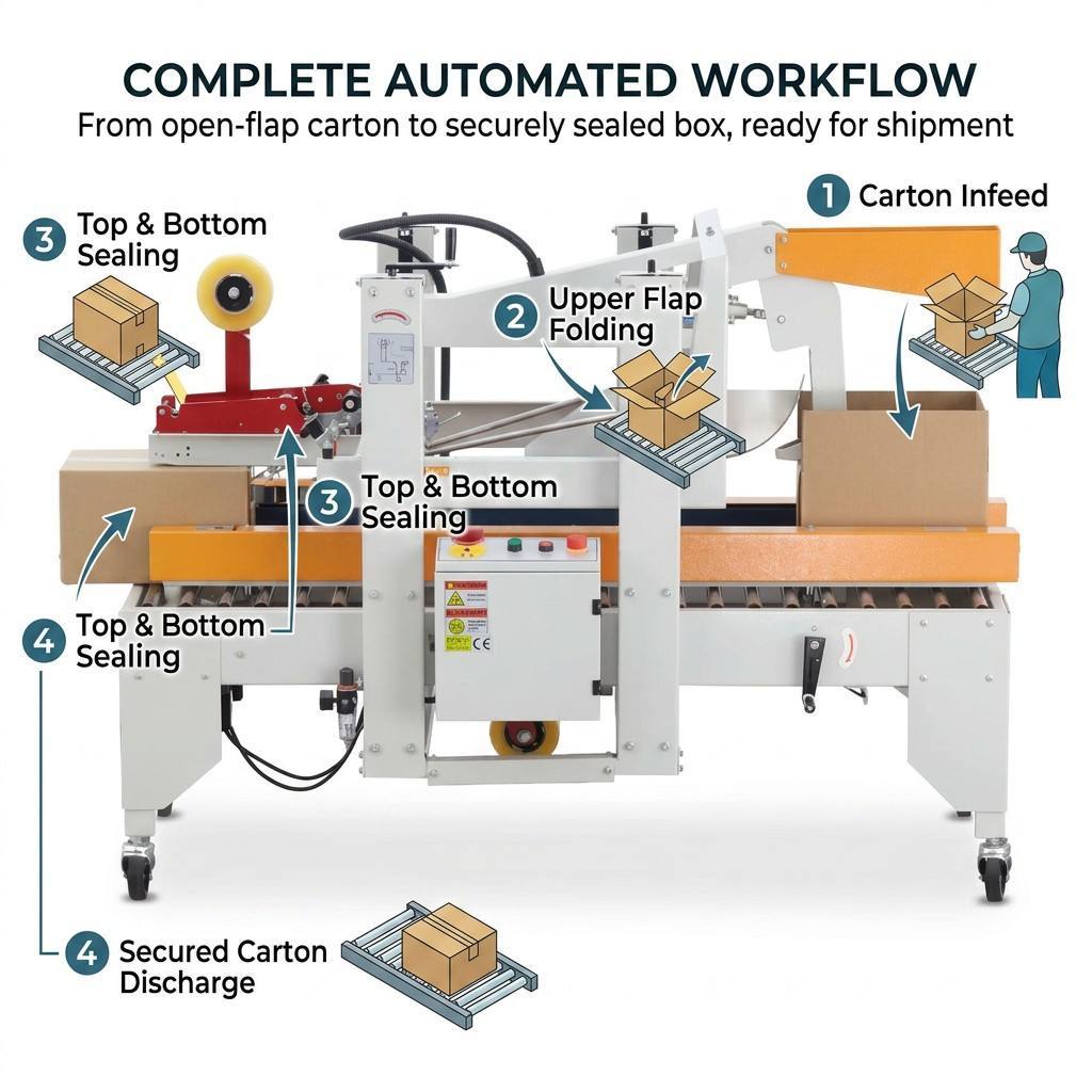 HXPC50 Industrial Box Sealer Automating Flap Folding Tape Sealing and Discharging