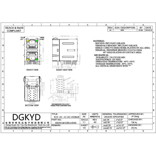 Интерфейс 6U фильтра RJ45 гигабита гнезда соединителя 2X1 мульти-порта DGKYD21Q042DB1A4D068 модульный