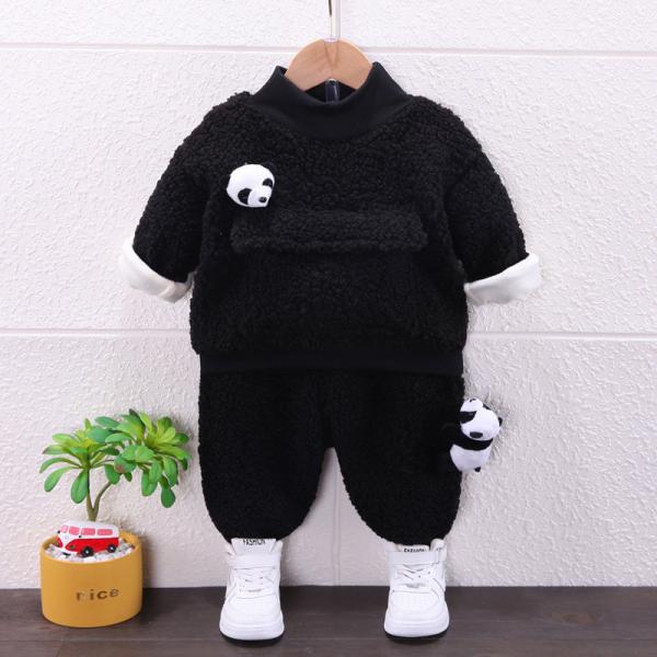das crianças unisex do inverno de 120cm panda de lãs do cordeiro da roupa grupo de 2 calças da camiseta da parte