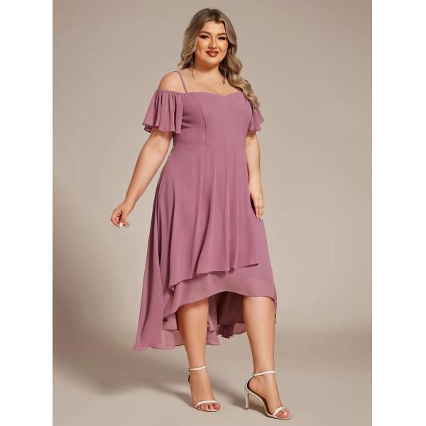 Empire Off-shoulder Spaghetti Strap Zipper High-low Wedding Guest Dresses Short Sleeves Black Chiffon Prom Dress