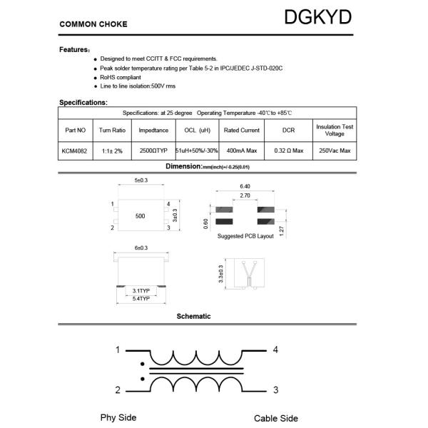 KCM4082 100BASE-TX Ethernet Transformer Fast Ethernet Filter 4PIN Smd