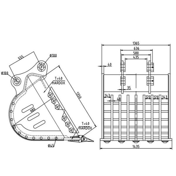 Hyundai R360 Rock Excavator Ditching Bucket 1.7m3 Capacity Yellow