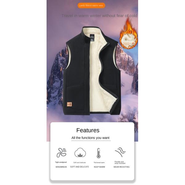 Large Size Men's Casual All-Match Trend Coat Vest with Fleece Lining and Stand Collar