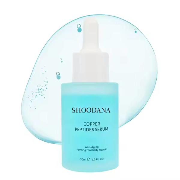 Suero facial orgánico de etiqueta privada para piel sensible, antienvejecimiento, con péptido de cobre azul y ácido hialurónico. Hidrata, suaviza y reafirma la piel.