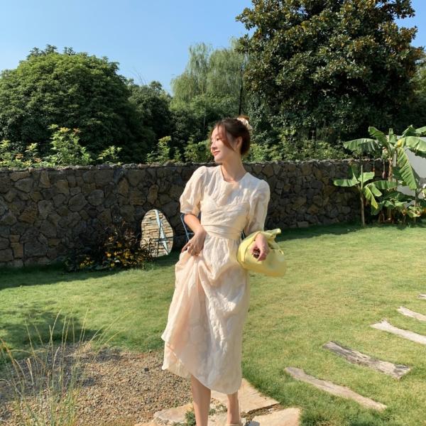 Back Tie Bow Waist Puff Sleeve A Line Dress