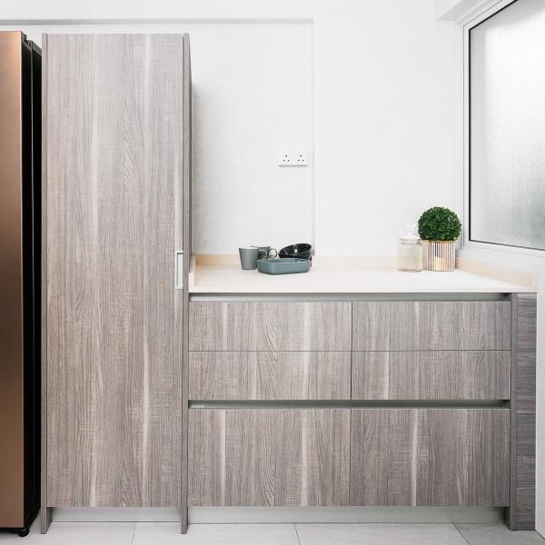 American Small Luxury Gray Kitchen Cabinet Wood Grain Melamine Kitchen Storage Set