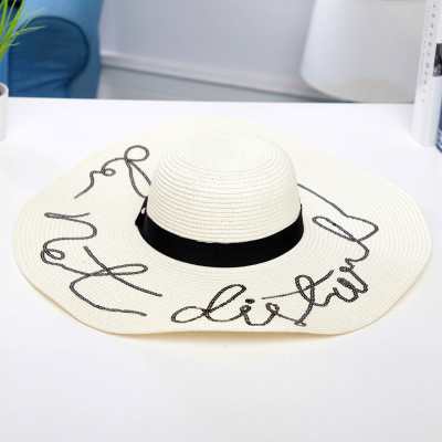 AK17519 Wide brim sunny beach paper straw hats with letter in stock , promotion cheap hats .