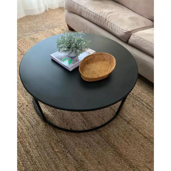 Black Round Wooden Coffee Table with Marble Top and Modern Metal Legs in Round Shape