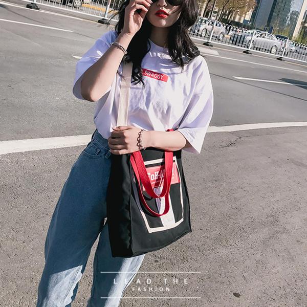 New Korean fashion personality school style contrast color canvas bag women's portable shoulder bag simple fashion bag