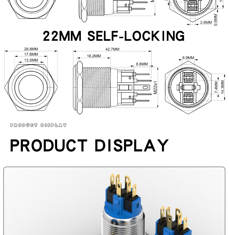 Stainless steel metal button self-reset waterproof power switch self-locking 6-pin 22mm illuminated button 1NO1NC