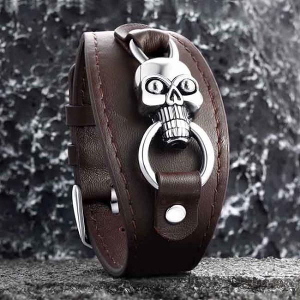 Meteorite Genuine Leather Bracelet Stainless Steel Adjustable Size Length 19-22cm
