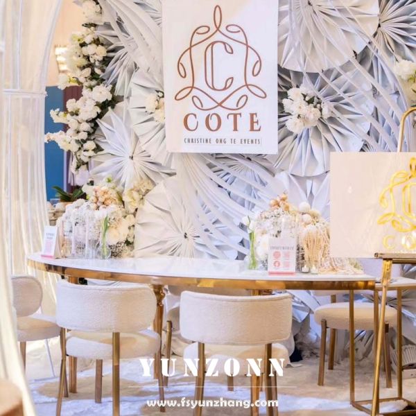 New Arrival Hotel Hall Furniture Manufacture Supply White Fabric Gold Stainless Steel Metal Frame Luxury Stackable Event Chairs