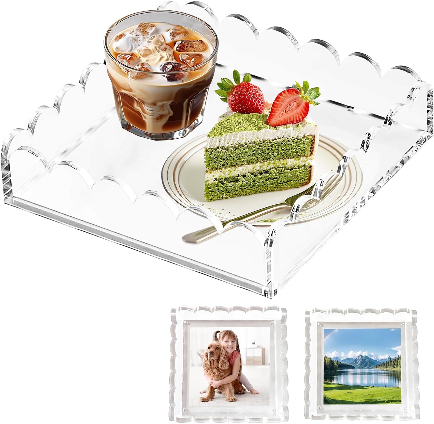 Gold Handles Clear Acrylic Display Tray Spill Proof Serving For Coffee Table