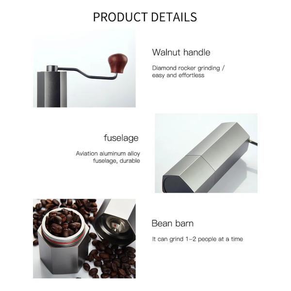 Metal Aluminum Manual Coffee Beans Grinder Hexagonal Adjustable Setting For Household Travel