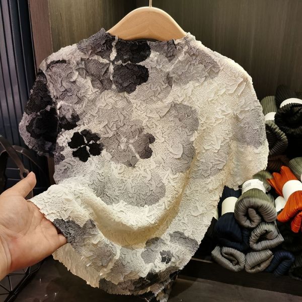 Design Gradient Printed Spring Summer New Elegant Casual Top Half-High Collar Short-Sleeved T-Shirt Loose Pleated