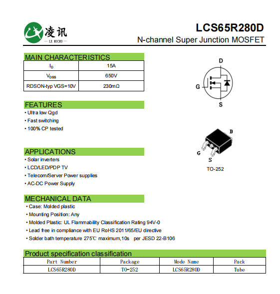Ultra Low Qgd High Power MOSFET TO-252 15A 650V 230mΩ For AC-DC Power Supply