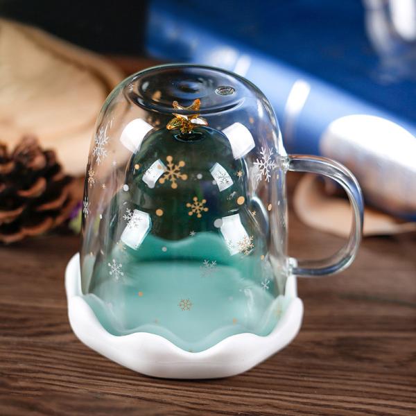 Чашка дерева 250мл желания рождества стеклянная, изолированные стеклянные кружки кофе с крышкой