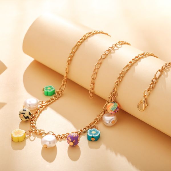 Beach Holiday Colorful Flower Pearl Collar Chain Forest Fairy Soft Pottery Small Flower Chain Necklace Pastoral Style Necklace