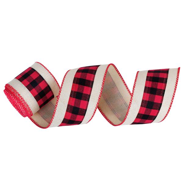 2.5 Inch Wired Edge Plaid Burlap Ribbon for Christmas Present Wrapping and Floral Bows