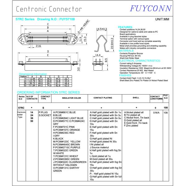 чемпион 36 оси 0.085in зажим поруки разъем-розетки припоя 50 Pin Centronic