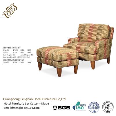 French Countryside Strip Linen Fabric Leisure Chair Ottoman Wood Leg Upholstered Cushion