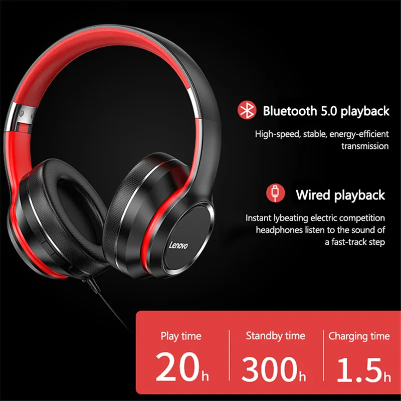 20H Lenovo Wireless Over Ear Headphones Hd200 Noise Cancelling Headset Foldable