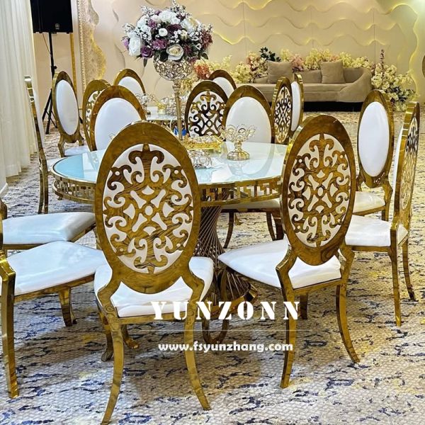 Luxury Royal and Modern Gold Hotel Chairs with Special Carved Pattern Stainless Steel Material for Wedding Dining Chair