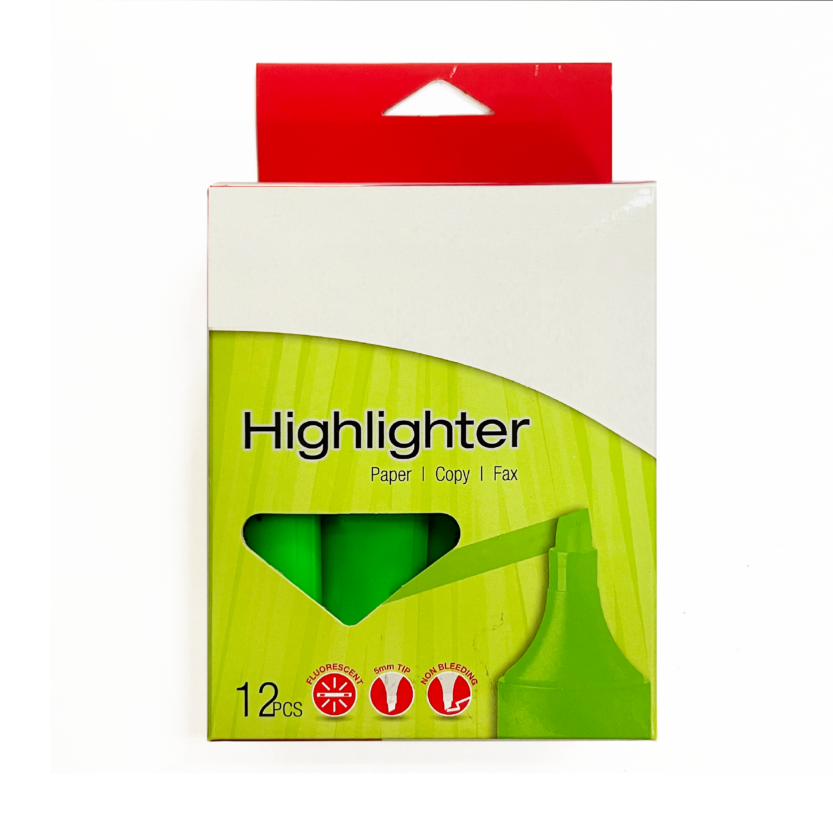 Hot Selling 12PCS Green School And Office Fluorescent Ink Color Box Set Marker Chisel Fiber Tip Highlighter