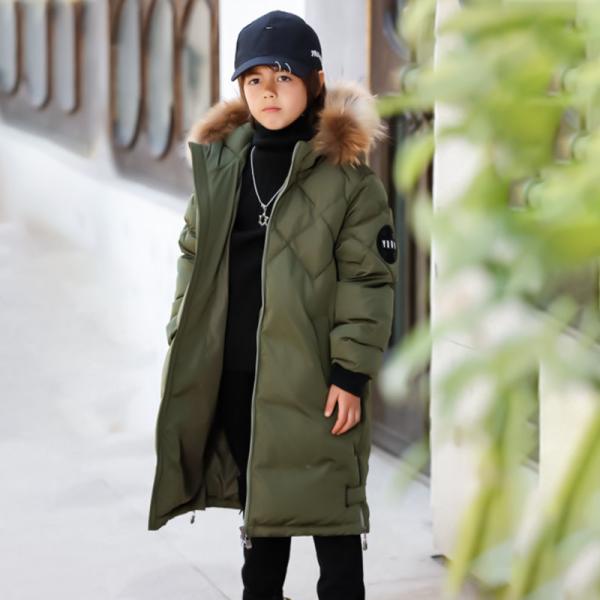 Bilemi Long Hooded Real Fur Coats Kids Down Jacket Army Gren Winter Jacket for Boy