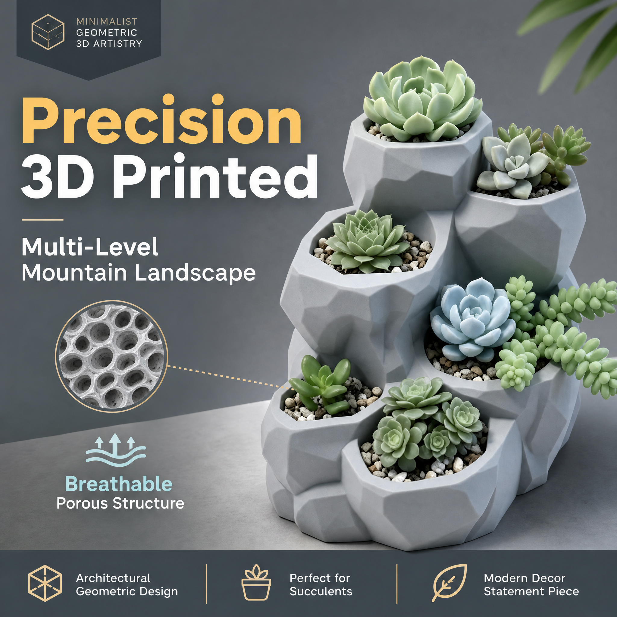 Rock Shaped 3D Printed Decor Multi Pocket Greenery Arrangement Tiered Succulent Planter