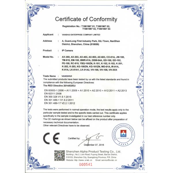 VANSHUI ENTERPRISE COMPANY LIMITED Сертификации