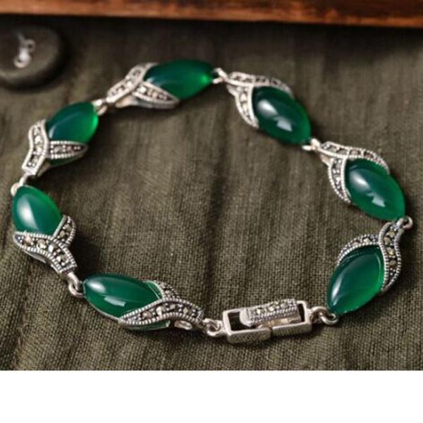 925 Silver Thailand Vintage  Green Agate Women Bracelet (LB001)
