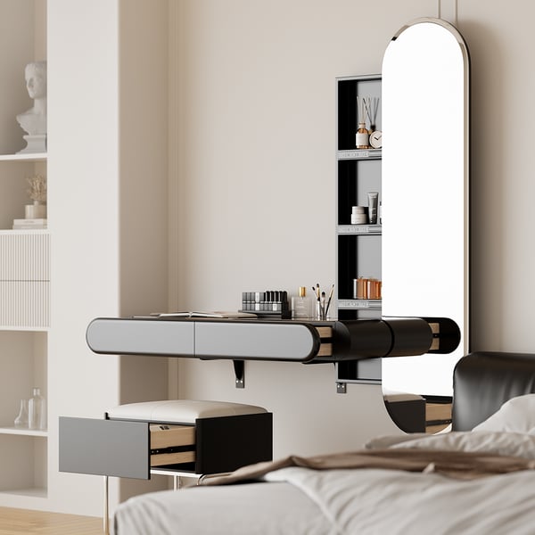 Villa Bedroom Small Black Makeup Vanity Desk With Drawers And LED Lights