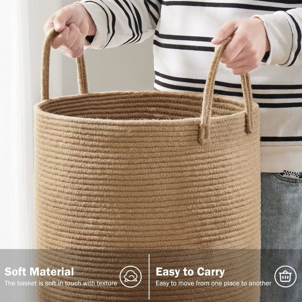 80L Extra Large Jute Woven Hamper Laundry Basket Wicker Rope Clothes Hamper For Baby Nursery Kids Tall Rattan Blanket Basket In Living Room Bedroom