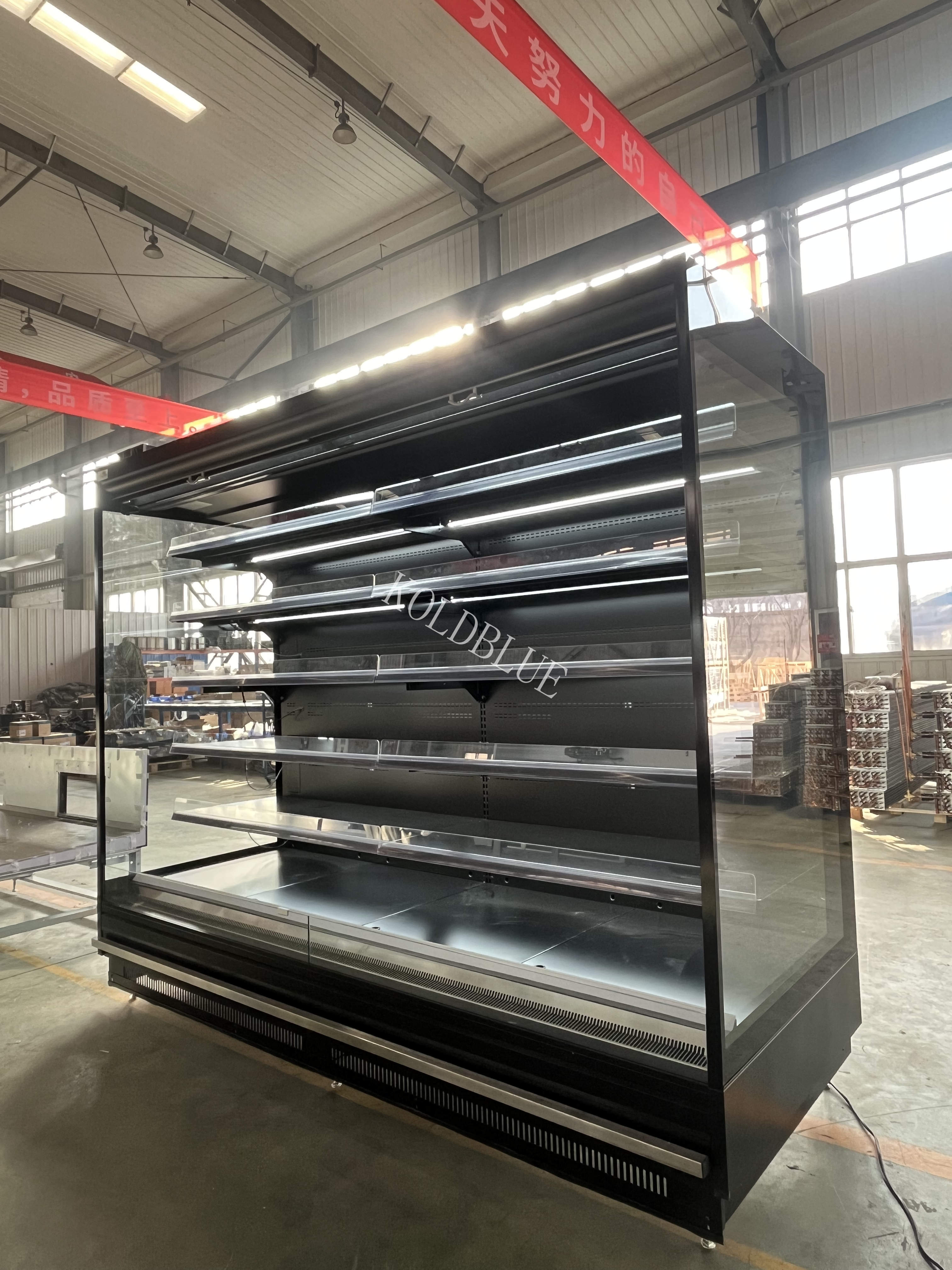 Remote Multideck Open Display Chiller with Led Light Panoramic Endpanel and Adjustable Shelves for Supermarket