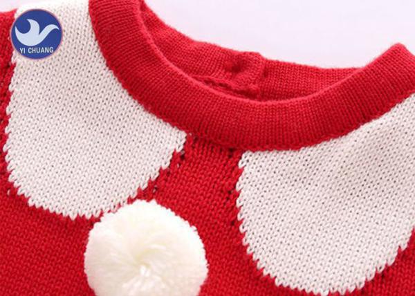 Jaquard Collar Girls Knitted Dress , Girls Red Jumper Dress With Fluffy Ball Decoration