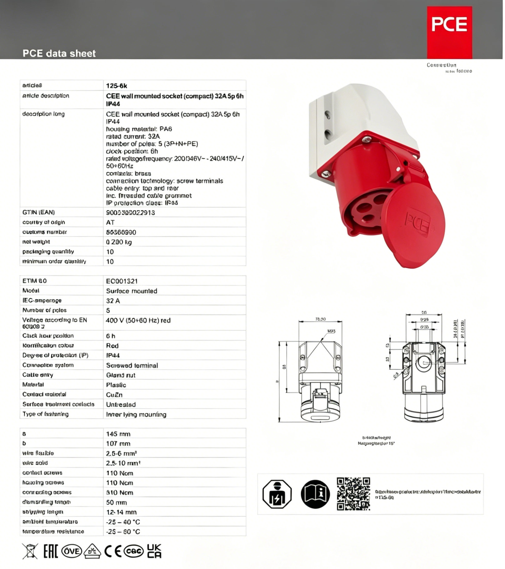 Original Brand New PCE Industrial IP44 Plastic Waterproof Explosion-Proof Plug Socket 380V 32A for Industrial Workshop