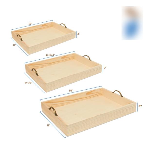 Set of 3 Customized Unfinished Multifunctional Exquisite Fashion Durable Wood Nesting Serving Trays with Handles