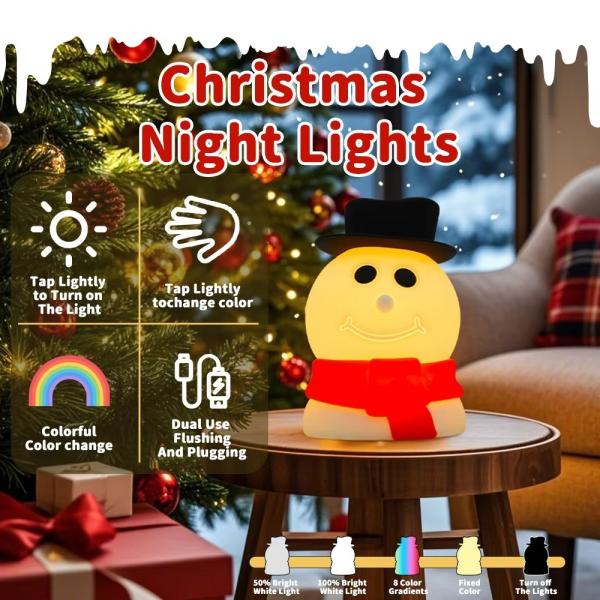 Hombre de nieve Luz nocturna de silicona para niños - Control táctil, LED recargable